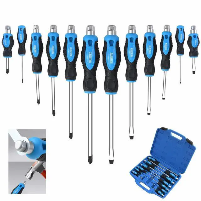 Main image of 12-Piece Magnetic Screwdriver Set, Heavy Duty Screwdriver Set Go-Thru Steel Blades, High Torque 6 Phillips & 6 Flat Head Tips Screwdrivers Set with Case