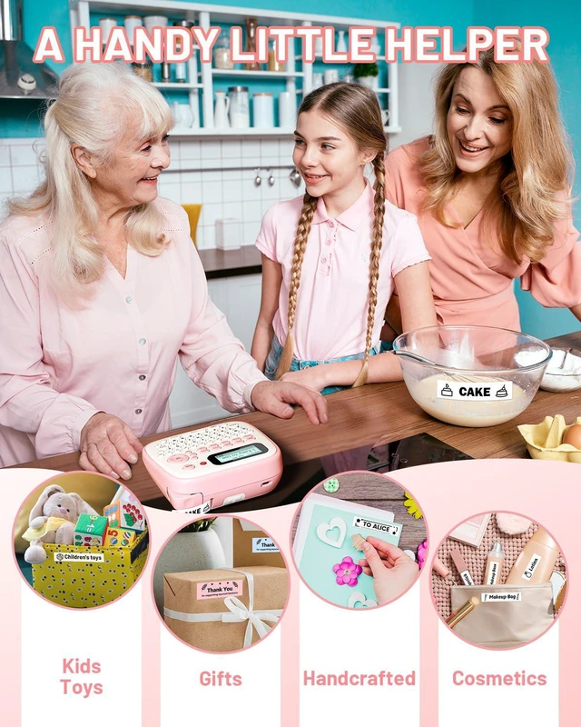 Alt view image 2 of 7 - Pink Label Maker Machine with-Tape, Portable Kids Label Maker, Handheld Electric Label Maker with Keyboard, D210S Easy Labeler with Multiple Fonts Frame Barcode for Home Office School Supplies