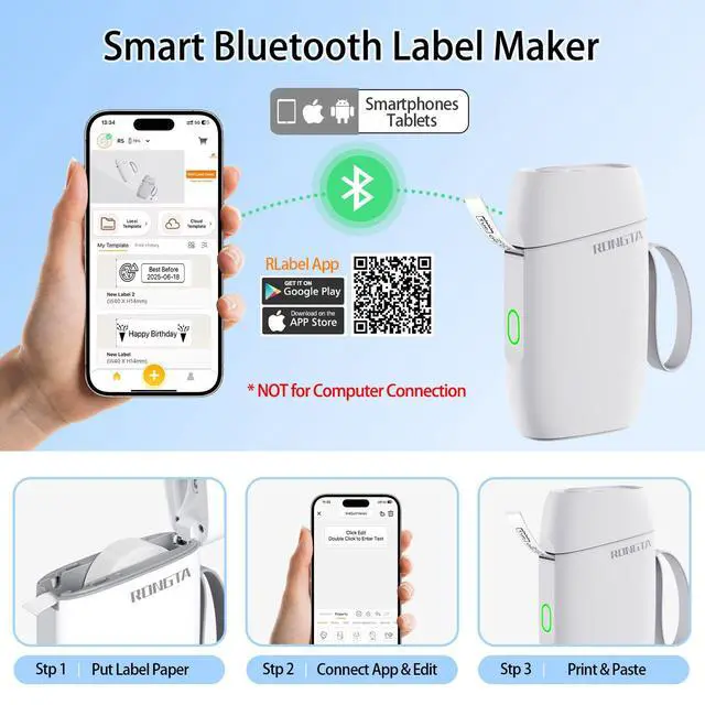 Alt view image 3 of 7 - Bluetooth Label Maker Machine with Tape, Portable Mini Label Printer Wireless Thermal Handheld Sticker Makers Mini Label Makers with Multiple Templates for Organizing Office Home School(White)