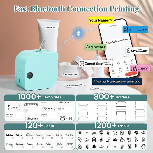 Alt view image 5 of 7 - Label Maker Machine with Tape, P12 Bluetooth Mini Label Makers Thermal Transfer Ribbon Printer Machine with Typewriters Templates for Home, School, Clothes, Gift Wrapping, Office, Green
