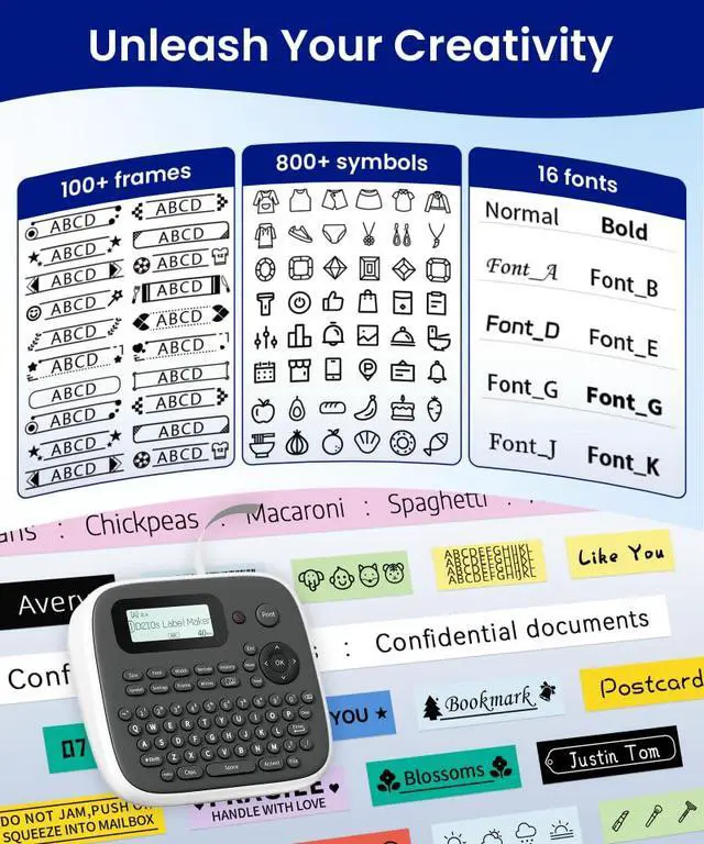 Alt view image 3 of 7 - Label Maker Machine with Tape, Label Maker Waterproof Labels 12mm, D210s Laminated Labeler Machine, Multi Icons Borders & One-Touch Keys, Labelmaker for Home Use/School Office Supplies