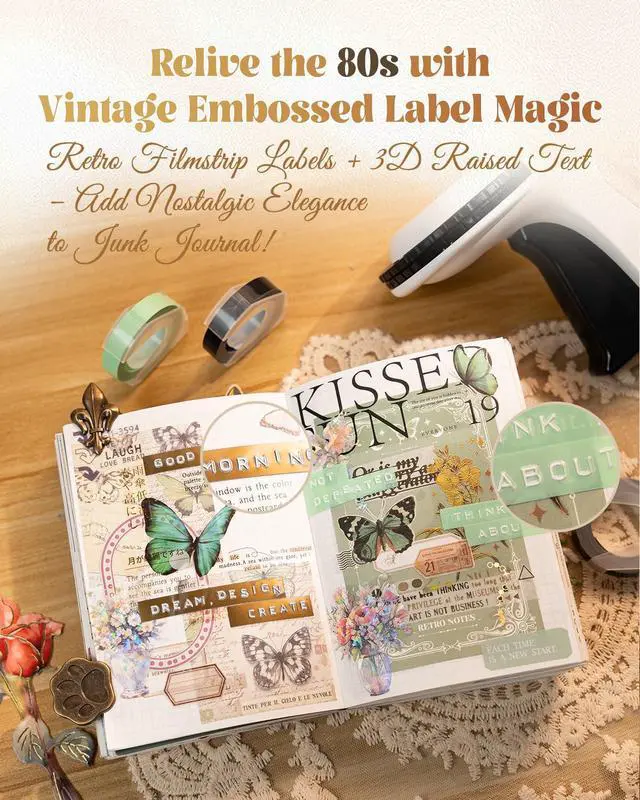 Alt view image 3 of 7 - Embossing Label Maker, Scrapbook Supplies Junk Journal Kit, Vintage Embossed Label Maker Machine with 10-Roll Color 3D Tapes, Retro Manual Embosser for Home DIY Crafts & Scrapbooking, Omega-S