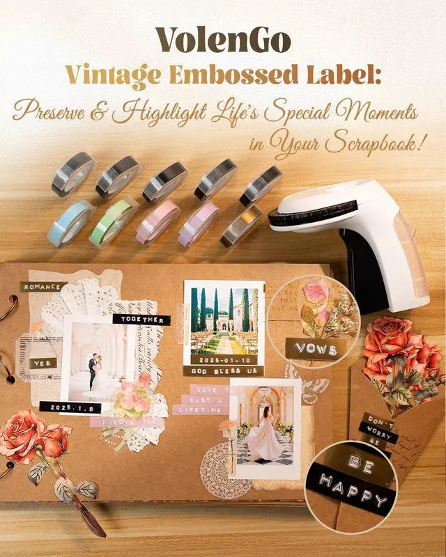 Alt view image 2 of 7 - Embossing Label Maker, Scrapbook Supplies Junk Journal Kit, Vintage Embossed Label Maker Machine with 10-Roll Color 3D Tapes, Retro Manual Embosser for Home DIY Crafts & Scrapbooking, Omega-S