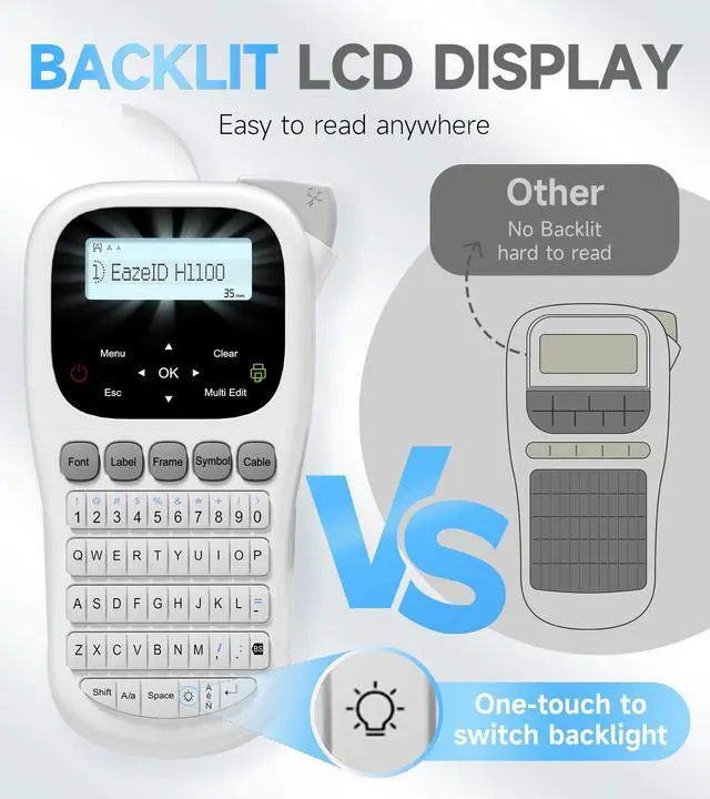 Alt view image 3 of 7 - Label Maker Waterproof-Labels, Handheld Label Maker Machine with-Tape 12mm 0.47 Laminated White, Backlit Screen Multiple Fonts & Symbols, Portable Keyboard Labeler for Home Office School Use, H1100