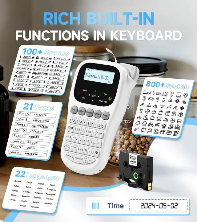 Alt view image 7 of 7 - Label Maker Waterproof-Labels, Handheld Label Maker Machine with-Tape 12mm 0.47 Laminated White, Backlit Screen Multiple Fonts & Symbols, Portable Keyboard Labeler for Home Office School Use, H1100