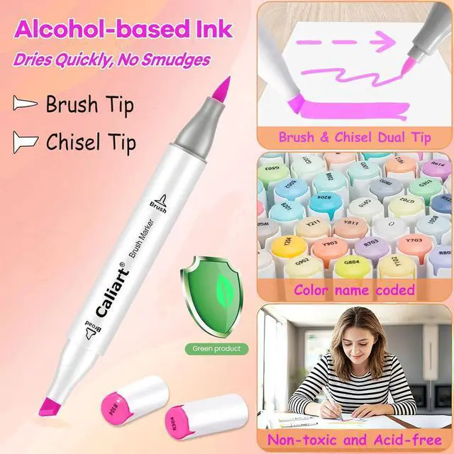 Alt view image 2 of 7 - Alcohol Markers Brush Tip, 61 Colors Pastel Art Marker Set Dual Tip Chisel & Brush, with Case Permanent Alcohol Based Colored Pens for Adult Coloring Books Artists Drawing Supplies Gifts