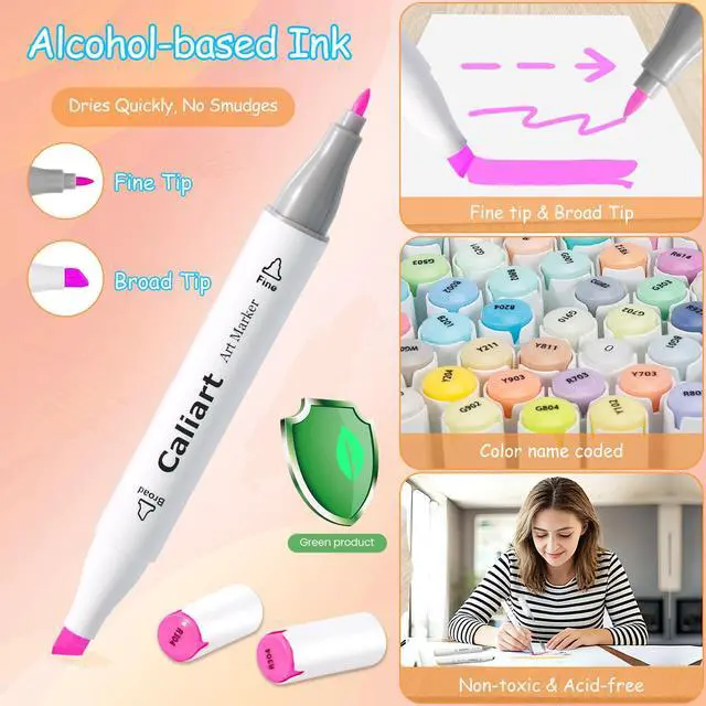 Alt view image 2 of 7 - Pastel Markers, 61 Colors Dual Tip Art Markers Sketch Pens Permanent Alcohol Based, with Case for Adults Artists Drawing Illustration Sketching Coloring