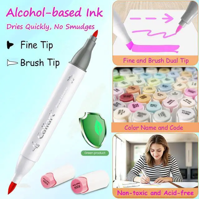 Alt view image 2 of 7 - Alcohol Markers Brush Tip, 61 Colors Pastel Coloring Marker Set Dual Tip Fine & Brush, with Case Permanent Alcohol Based Colored Art Pens for Adult Coloring Books Artists Drawing Gifts