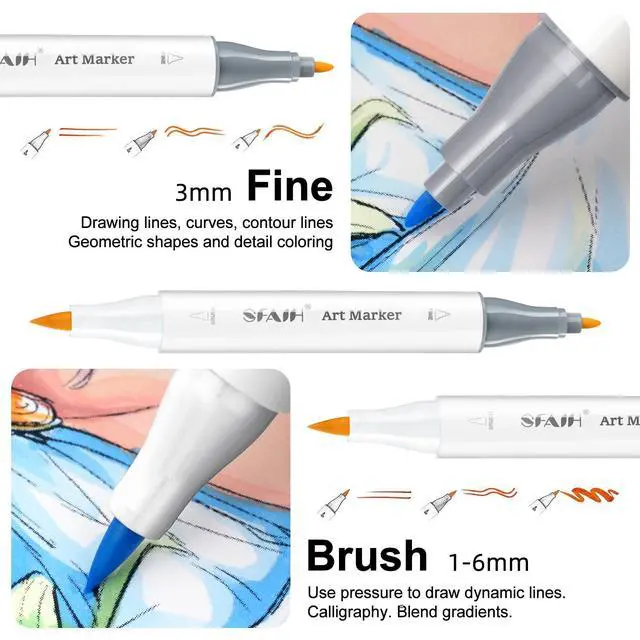 Alt view image 3 of 7 - Alcohol Markers Brush Tip - 61 Pastel Brush & Fine Dual Tip Art Markers for Artist Illustration, Adult Coloring Books, Gifts for Artist Adult, Colorless Blender, Enjoy Blending, Carrying Case