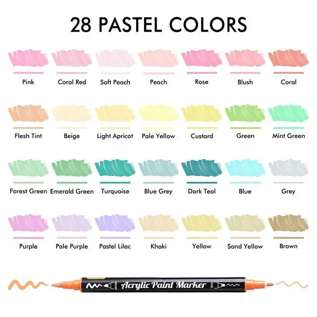 Alt view image 2 of 7 - 28 Pastel Colors Dual Tip Acrylic Paint Markers, Brush Tip and Fine Tip Acrylic Paint Pens for Rock Painting, Ceramic, Wood, Canvas, Plastic, Glass, Stone, Calligraphy, Card Making, DIY Crafts