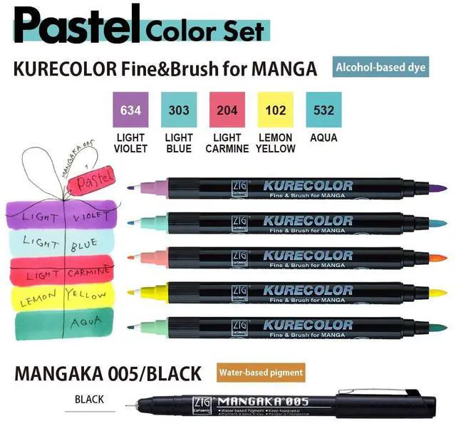 Alt view image 2 of 7 - Zig Cartoonist KURECOLOR Fine&Brush Pastel set, 5 colors with MANGAKA Black, Alcohol-based twin tipped marker pens, for Artist, Professional, Made in Japan