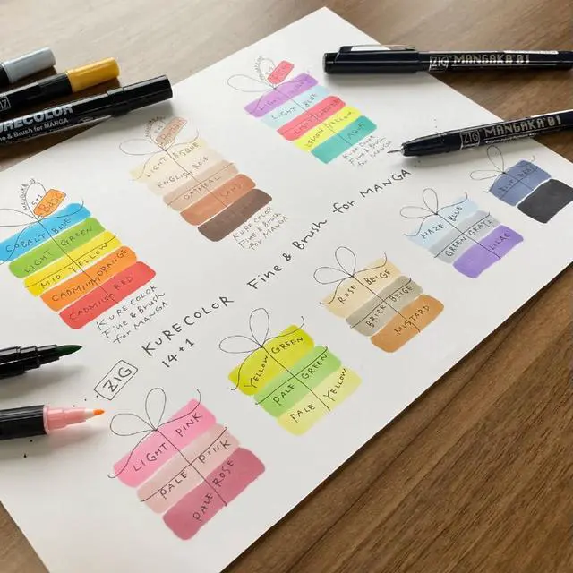 Alt view image 7 of 7 - Zig Cartoonist KURECOLOR Fine&Brush Pastel set, 5 colors with MANGAKA Black, Alcohol-based twin tipped marker pens, for Artist, Professional, Made in Japan