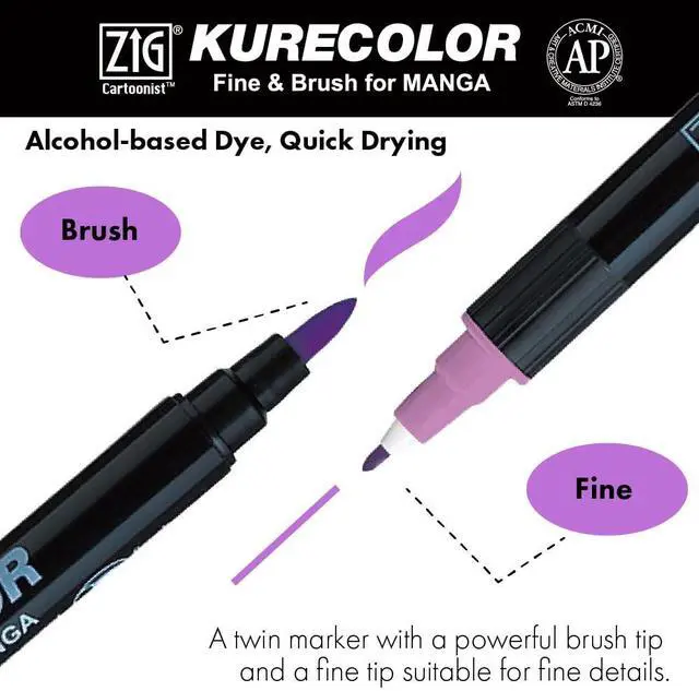 Alt view image 3 of 7 - Zig Cartoonist KURECOLOR Fine&Brush Pastel set, 5 colors with MANGAKA Black, Alcohol-based twin tipped marker pens, for Artist, Professional, Made in Japan