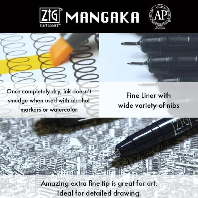 Alt view image 5 of 7 - Zig Cartoonist KURECOLOR Fine&Brush Pastel set, 5 colors with MANGAKA Black, Alcohol-based twin tipped marker pens, for Artist, Professional, Made in Japan