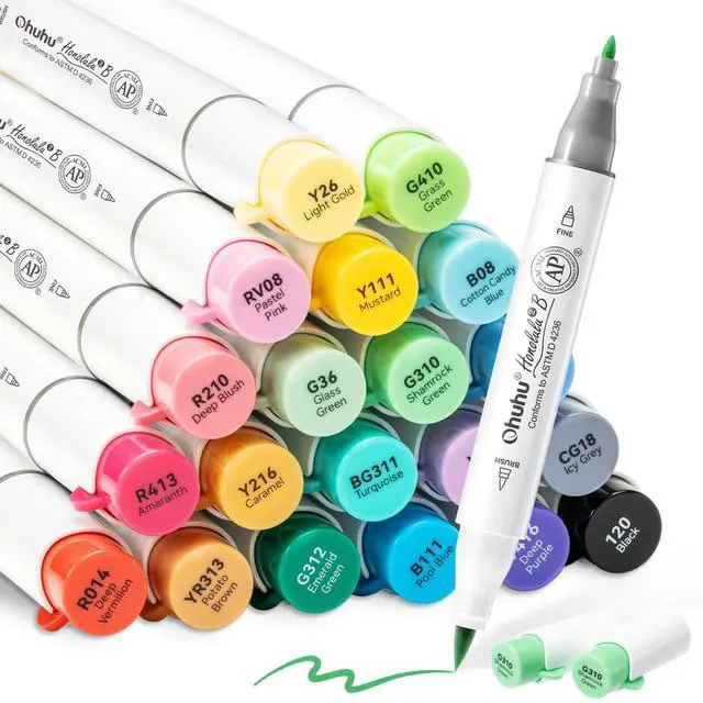 Main image of Alcohol Markers Brush Tip, AP Certificated 24 Basic Colors Double Tipped Alcohol Based Art Marker Set for Artist Sketching Adult Coloring Illustration - Brush & Fine Dual Tips - Honolulu 2B