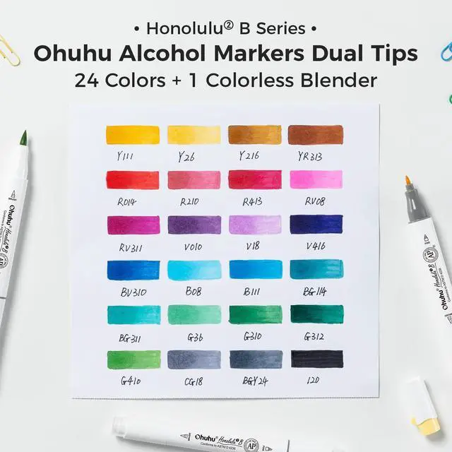 Alt view image 4 of 7 - Alcohol Markers Brush Tip, AP Certificated 24 Basic Colors Double Tipped Alcohol Based Art Marker Set for Artist Sketching Adult Coloring Illustration - Brush & Fine Dual Tips - Honolulu 2B
