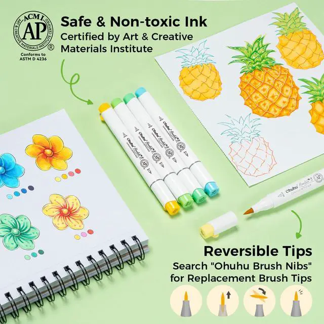 Alt view image 6 of 7 - Alcohol Markers Brush Tip, AP Certificated 24 Basic Colors Double Tipped Alcohol Based Art Marker Set for Artist Sketching Adult Coloring Illustration - Brush & Fine Dual Tips - Honolulu 2B