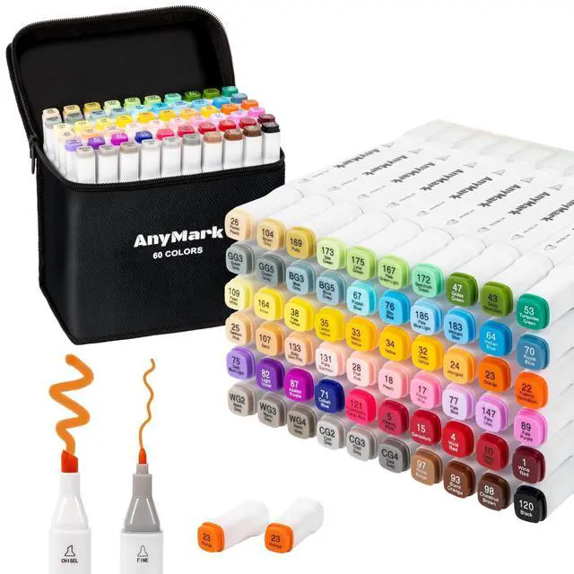 Main image of Alcohol Markers, 60 Colors Dual Tip Art Coloring Markers Set for Kids Adult Book Drawing Sketching Painting, Chisel & Fine, White Penholder