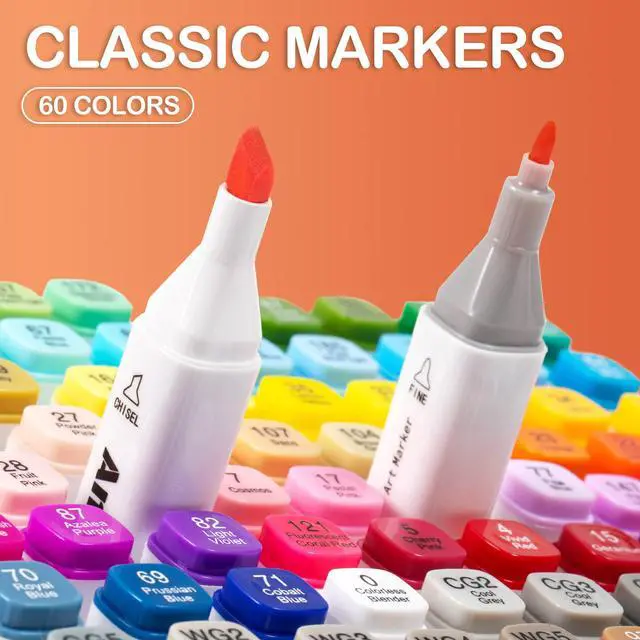 Alt view image 2 of 6 - Alcohol Markers, 60 Colors Dual Tip Art Coloring Markers Set for Kids Adult Book Drawing Sketching Painting, Chisel & Fine, White Penholder