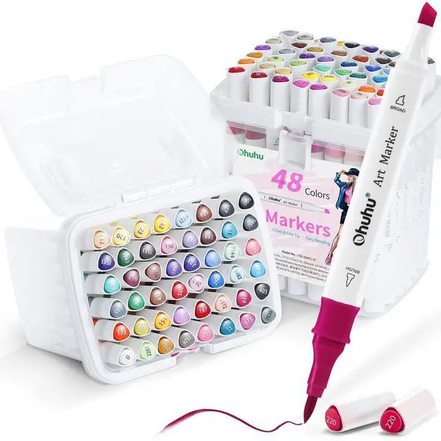 Main image of Alcohol Markers Brush Tip: Double Tipped Art Marker Set for Artists Adults Drawing Sketching Illustration - Brush Chisel Color Markers - Pack with 94 Vibrant Colors 2 Marker Cases 2 Blenders