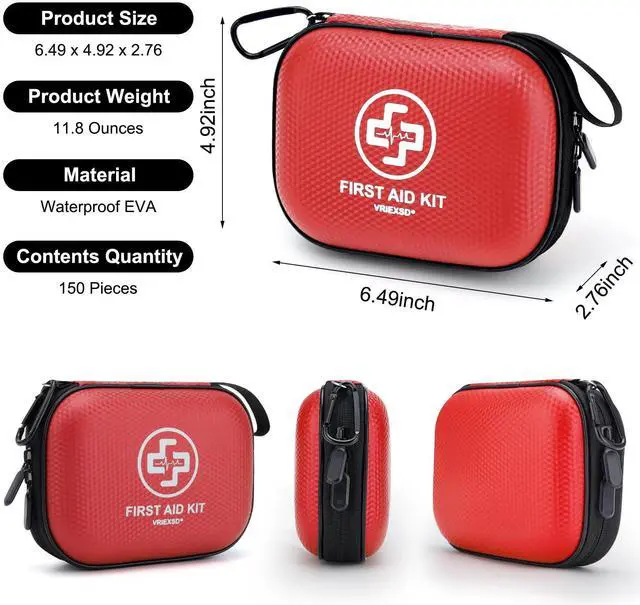 Alt view image 2 of 6 - Mini First Aid Kit - 150 Piece Small Waterproof Hard Shell Medical Kit for Home, Car, Travel, Camping, Truck, Hiking, Sports, Office, Vehicle & Outdoor Emergencies- Small First Aid Medical Kit (Red)