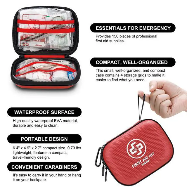Alt view image 4 of 6 - Mini First Aid Kit - 150 Piece Small Waterproof Hard Shell Medical Kit for Home, Car, Travel, Camping, Truck, Hiking, Sports, Office, Vehicle & Outdoor Emergencies- Small First Aid Medical Kit (Red)
