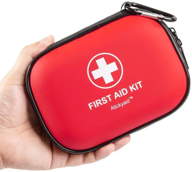 Main image of Mini First Aid Kit - 120 Piece Small Waterproof Hard Shell Medical Kit for Car, Home, Office, Travel, Camping, Sports, Outdoor, School - Emergency First Aid Supplies and Survival Kit (Red)