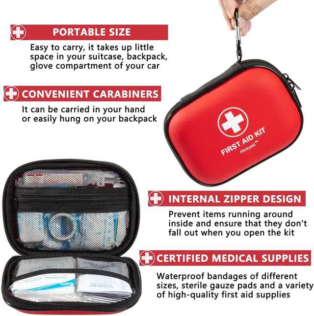 Alt view image 5 of 7 - Mini First Aid Kit - 120 Piece Small Waterproof Hard Shell Medical Kit for Car, Home, Office, Travel, Camping, Sports, Outdoor, School - Emergency First Aid Supplies and Survival Kit (Red)