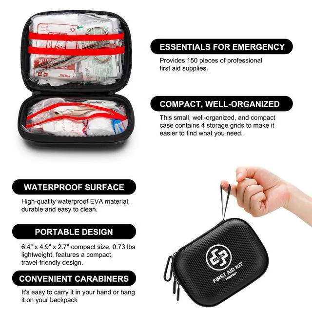 Alt view image 4 of 6 - Mini First Aid Kit - 150 Piece Small Waterproof Hard Shell Medical Kit for Home, Car, Travel, Camping, Truck, Hiking, Sports, Office, Vehicle & Outdoor Emergencies (Black)