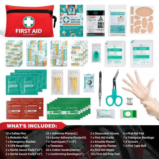 Alt view image 2 of 7 - Mini First Aid Kit, 110 Piece Small First Aid Kit - Includes Emergency Foil Blanket, Scissors for Travel, Home, Office, Vehicle, Camping, Workplace & Outdoor (Red)