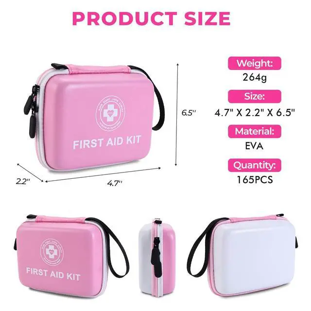 Alt view image 2 of 3 - Small First Aid Kit - 165 Piece Dual-Color Emergency Medical Kit with Hard Shell & Fluorescent Exterior Coating, Emergency First Aid Kit for Home, Car, Travel, Hiking & Outdoor(Pink/White)