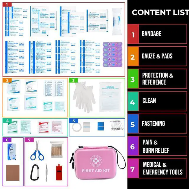 Alt view image 3 of 3 - Small First Aid Kit - 165 Piece Dual-Color Emergency Medical Kit with Hard Shell & Fluorescent Exterior Coating, Emergency First Aid Kit for Home, Car, Travel, Hiking & Outdoor(Pink/White)