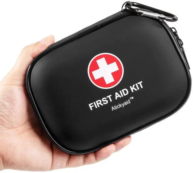 Main image of Mini First Aid Kit - 120 Piece Small Waterproof Hard Shell Medical Kit for Car, Home, Office, Travel, Camping, Sports, Outdoor, School - Emergency First Aid Supplies and Survival Kit (Black)