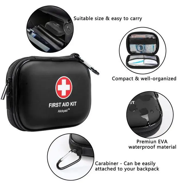 Alt view image 4 of 7 - Mini First Aid Kit - 120 Piece Small Waterproof Hard Shell Medical Kit for Car, Home, Office, Travel, Camping, Sports, Outdoor, School - Emergency First Aid Supplies and Survival Kit (Black)