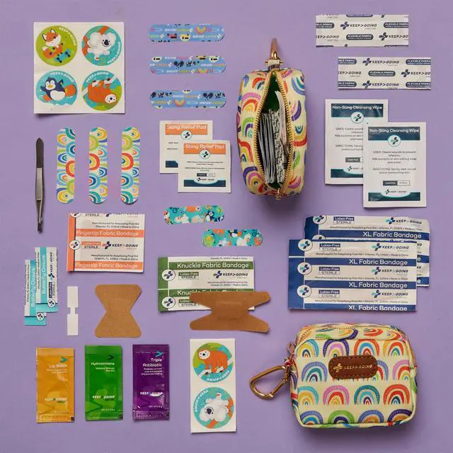 Alt view image 3 of 7 - Small Travel First Aid Kit Kids 60 Pc. Mini First Aid Kit for Purse, Diaper Bag, & Backpack with Latex-Free Bandages 4 Oz., & 4.5 x 3.5 x 2 in, TSA-Approved