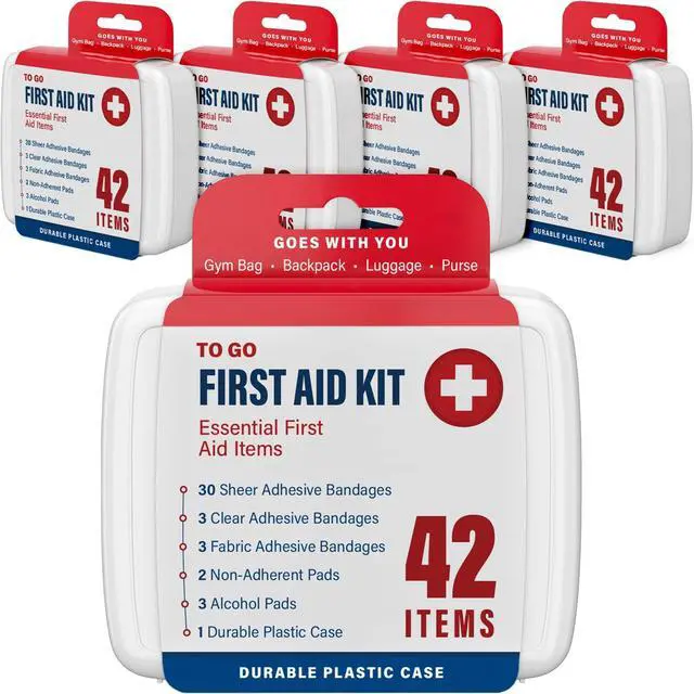 Main image of 4 Pack Mini First Aid Kits, Small Travel Size Kit, First Aid Patch with 168 Items, Durable Plastic Box Perfect for Car, Home, Boat, or Camping, (168 Pieces, 4 Pack)