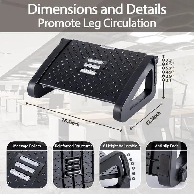 Alt view image 3 of 6 - Foot Rest, Six Heights Adjustable Foot Rest for Under Desk at Work, Ergonomic Foots Stool for Under Office Desks, Under Desk Footrest with Foot Massage Roller, Chair Footrest for Leg Rests