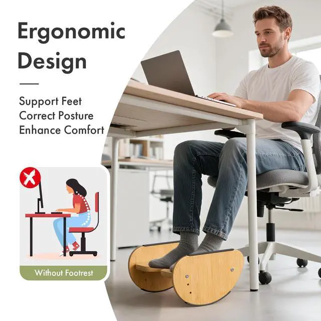 Alt view image 3 of 7 - Bamboo Foot Rest for Under Desk at Work, 2-in-1 Reversible Rocking Footrest Adjustable Foot Stool, Ergonomic Footrest for Under Gaming Desk, Feet Support Leg Footstools for Home Office