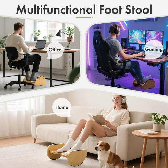 Alt view image 6 of 7 - Bamboo Foot Rest for Under Desk at Work, 2-in-1 Reversible Rocking Footrest Adjustable Foot Stool, Ergonomic Footrest for Under Gaming Desk, Feet Support Leg Footstools for Home Office