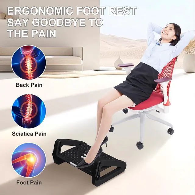 Alt view image 2 of 7 - Foot Rest for Under Desk at Work - Six Heights Adjustable Under Desk Footrest - Ergonomic Foot Stools for Under Office Desks - Desks Foot Rest with Massage Rollers - Leg Rest for Chair (Black)