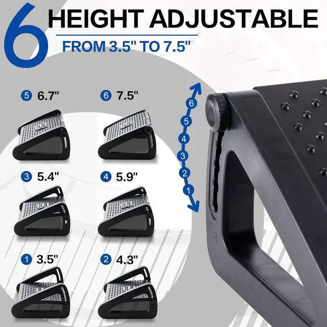 Alt view image 4 of 7 - Foot Rest for Under Desk at Work - Six Heights Adjustable Under Desk Footrest - Ergonomic Foot Stools for Under Office Desks - Desks Foot Rest with Massage Rollers - Leg Rest for Chair (Black)