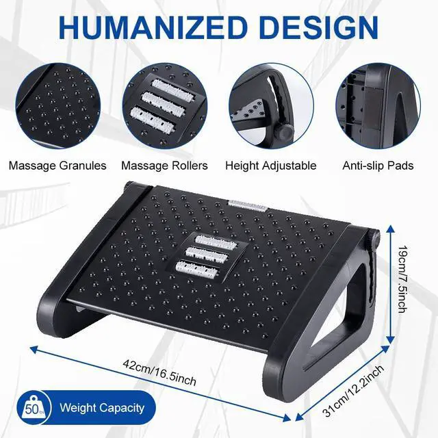 Alt view image 5 of 7 - Foot Rest for Under Desk at Work - Six Heights Adjustable Under Desk Footrest - Ergonomic Foot Stools for Under Office Desks - Desks Foot Rest with Massage Rollers - Leg Rest for Chair (Black)