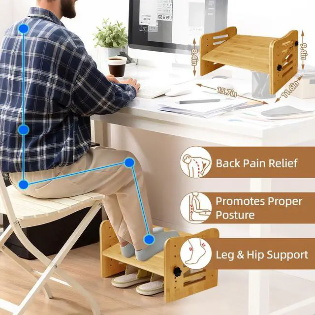 Alt view image 5 of 7 - Bamboo Adjustable Under Desk Footrest, Ergonomic Foot Rest with 7-Level Adjust at Work, Slanted Foot Stool for Home Office Kitchen Bedroom (Burlywood)