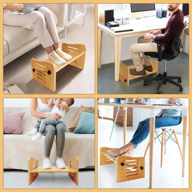 Alt view image 7 of 7 - Bamboo Adjustable Under Desk Footrest, Ergonomic Foot Rest with 7-Level Adjust at Work, Slanted Foot Stool for Home Office Kitchen Bedroom (Burlywood)