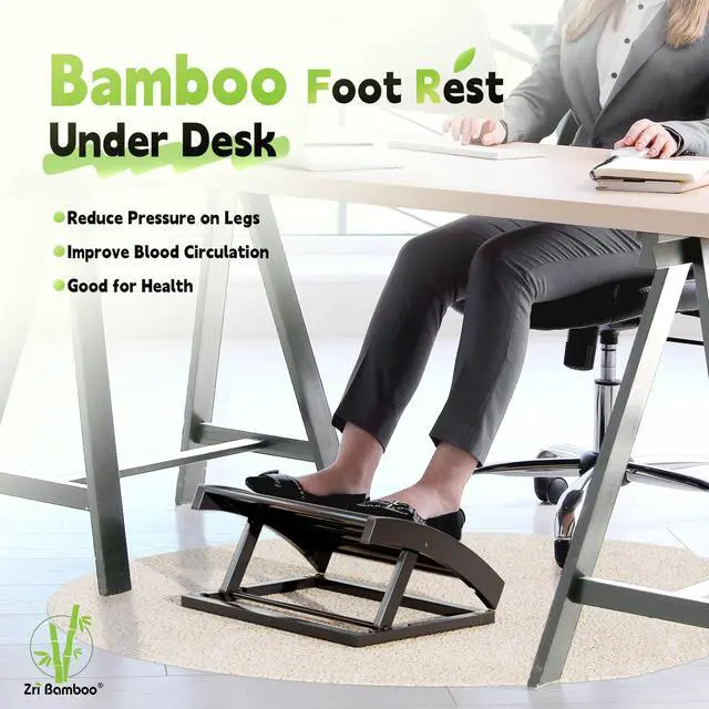 Alt view image 2 of 6 - Foot Rest for Under Desk at Work - Adjustable Black Bamboo Footrest for Office and Couch