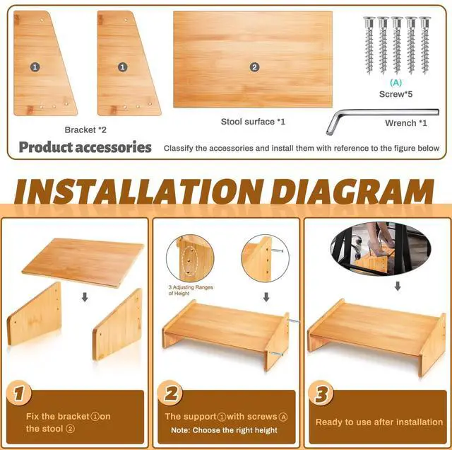 Alt view image 6 of 6 - Foot Rest for Under Desk at Work, Wooden Foot Stool, Slanted Desk Foot Rest, Ergonomic Adjustable Office Footrests, Nursing Foot Stool for Office and Home(Light Brown,Low)