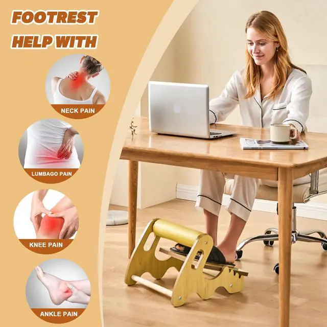 Alt view image 2 of 7 - Foot Rest for Under Desk at Work- Adjustable Rocking Foot Stool with 3 Height Positions and Soft Crossbar, Ergonomic Wooden Footrest with Anti-Slip Surface for Home, Office