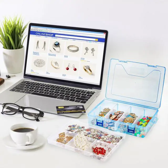 Alt view image 7 of 7 - 6 Pack Plastic Organizer Box with Adjustable Dividers, 2 Layer Bead Jewelry Organizer with 8 Large Grids, Clear Office Supplies Storage Case Snackle Container for Art DIY Crafts Fishing Tackles