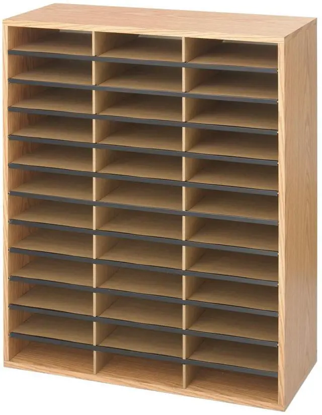 Main image of Literature Organizer, 36 Compartments, Office and Classroom Mailbox with Adjustable Shelves, Wood Paper and Mail Sorter, Medium Oak