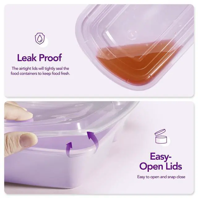 Alt view image 2 of 7 - 50 Pack Purple Meal Prep Containers Reusable 2 Compartments, Glotoch 32OZ to Go Containers for Food, Disposable Plastic Food Containers with Lids for Microwave Dishwasher Freezer Safe